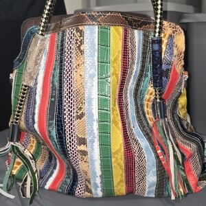 Vibrant Multicolor Patch Shoulder Bag with Stripes and Unique Textures